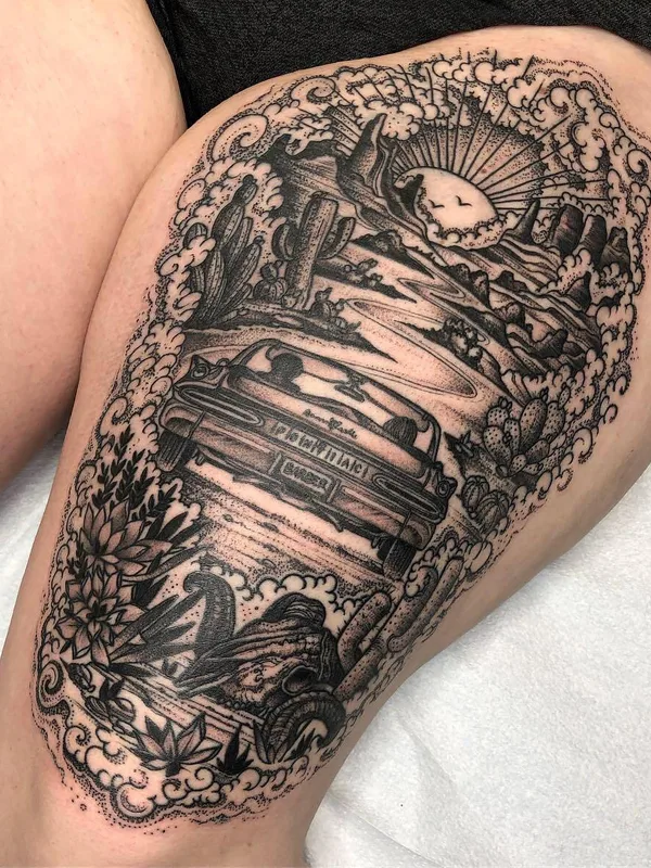black and grey blackwork tattoo auf thigh #28077 | Tätowierer Joseph Haefs