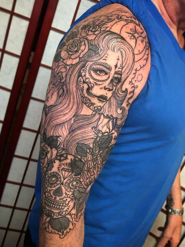 male black and grey blackwork tattoo auf full sleeve #28083 | Tätowierer Joseph Haefs