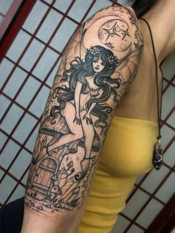 female black and grey illustrative tattoo auf full sleeve #28082 | Tätowierer Joseph Haefs