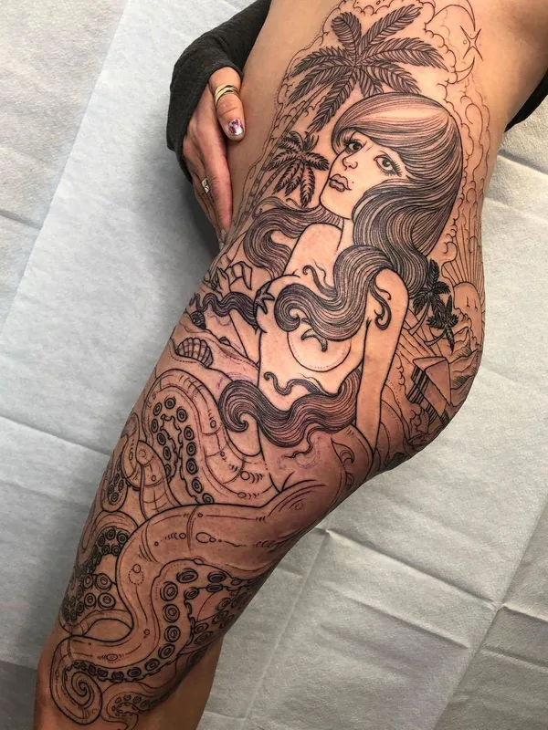 female black blackwork tattoo auf thigh #28085 | Tätowierer Joseph Haefs