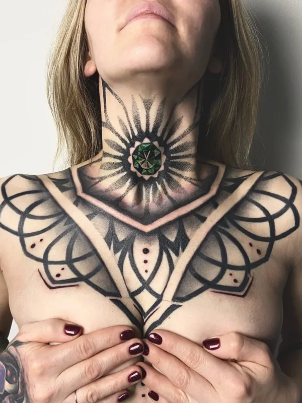 female black and grey ornamental татуировка на chest #35482 | Тату мастер Mike&Polly