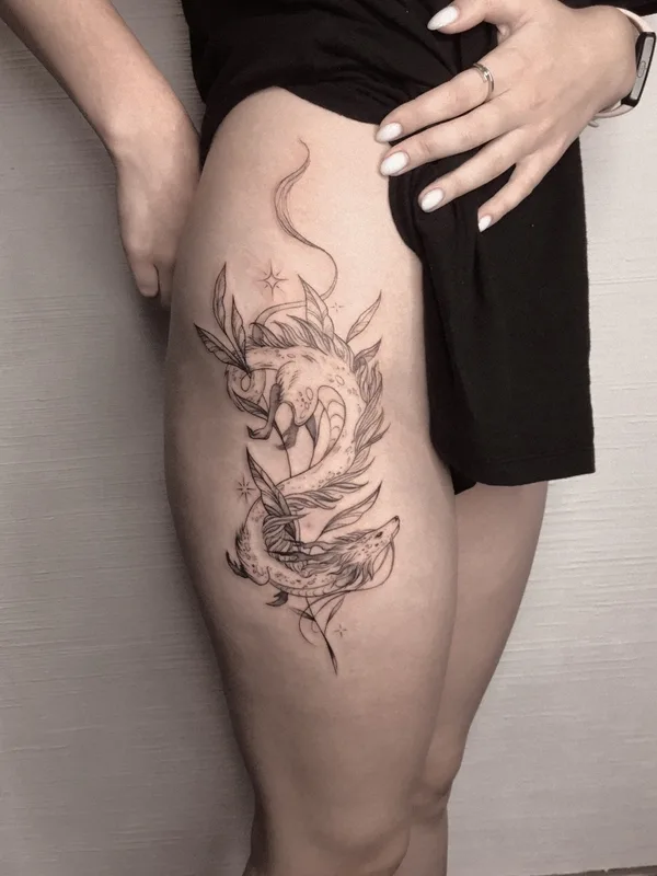 female black linework татуировка на thigh #53051 | Тату мастер Hometattooing 