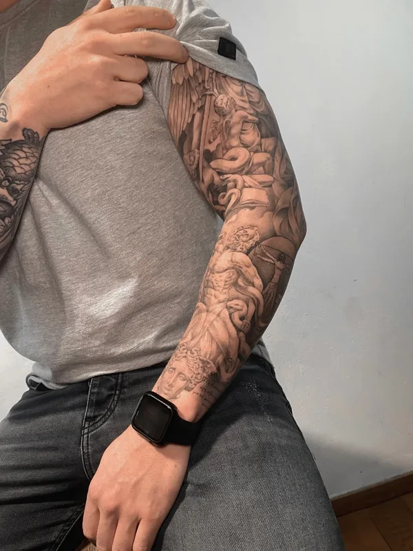 male black and grey realism татуировка на full sleeve #66459 | Тату мастер Alex Uragan