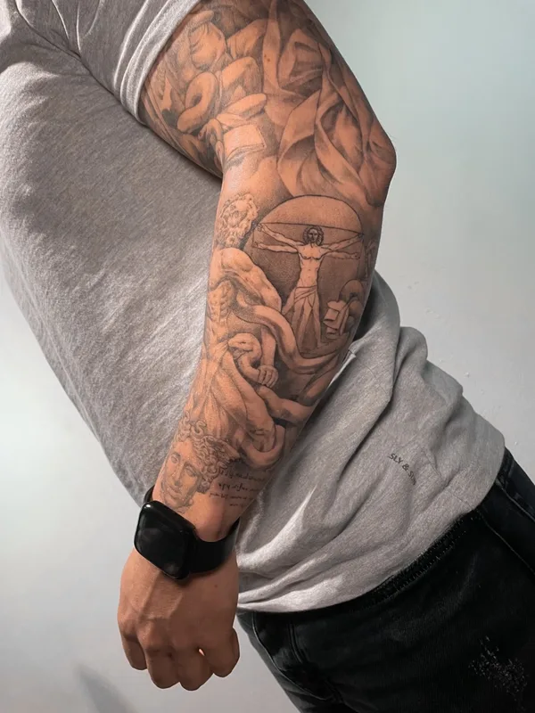 male black and grey realism татуировка на full sleeve #66456 | Тату мастер Alex Uragan