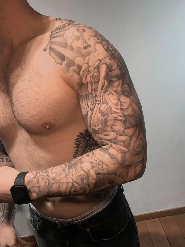 male black and grey realism татуировка на full sleeve #66458 | Тату мастер Alex Uragan