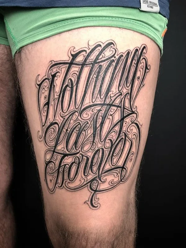 black and grey lettering Tatuaggio su thigh #66546 | Tatuatore AserOne