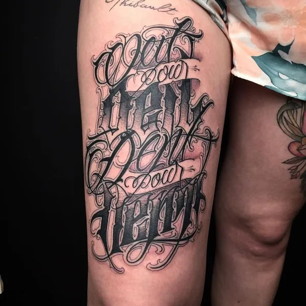 Lettering tattoo by AserOne in Liège