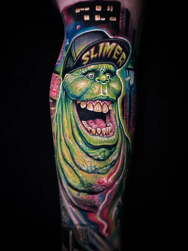 color new school tattoo on calf #40203 | Tattoo Artist Roman Abrego