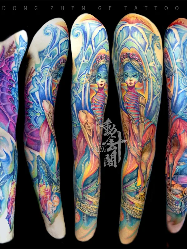 color illustrative tattoo on full sleeve #54995 | Tattoo Artist Lu Xin