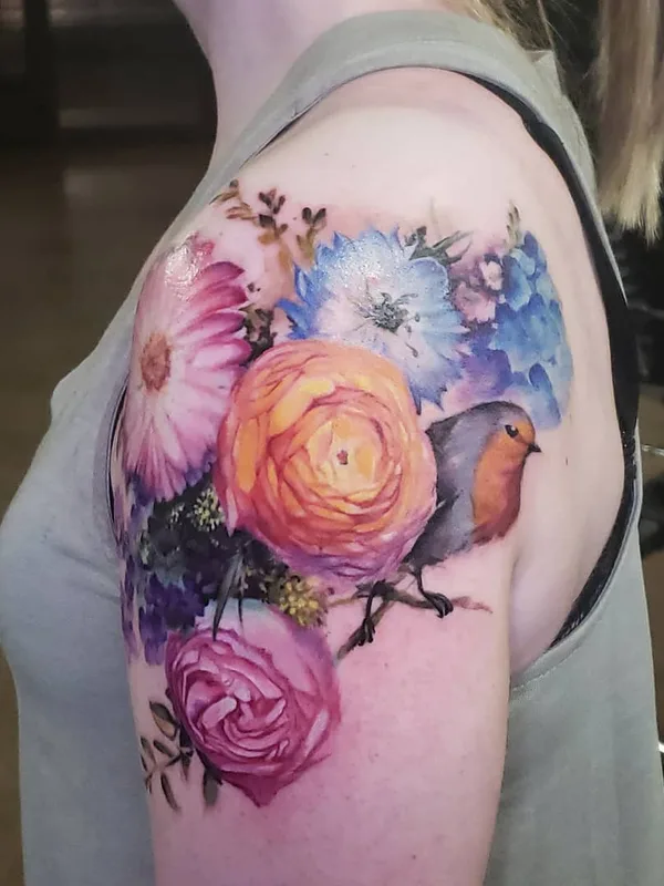 female color watercolor Tatuaggio su shoulder #31245 | Tatuatore Pete Zebley