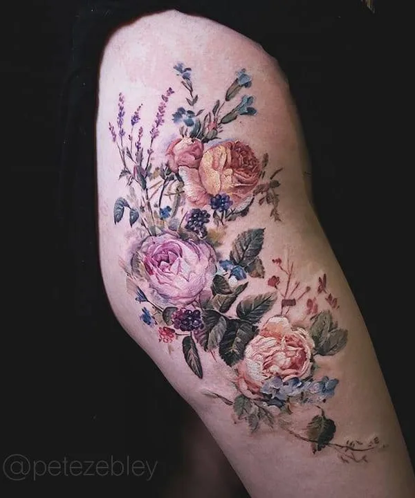 female color watercolor Tatuaggio su thigh #31238 | Tatuatore Pete Zebley