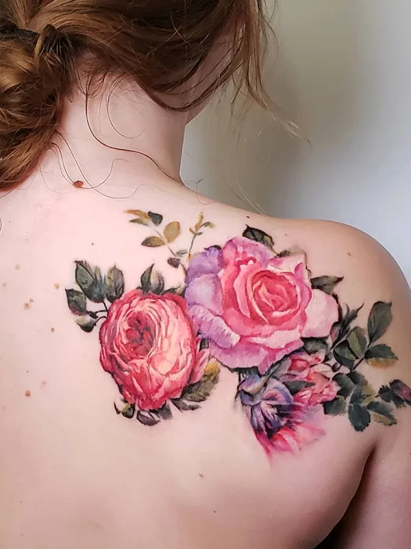 female color watercolor Tatuaggio su shoulder blade #31244 | Tatuatore Pete Zebley