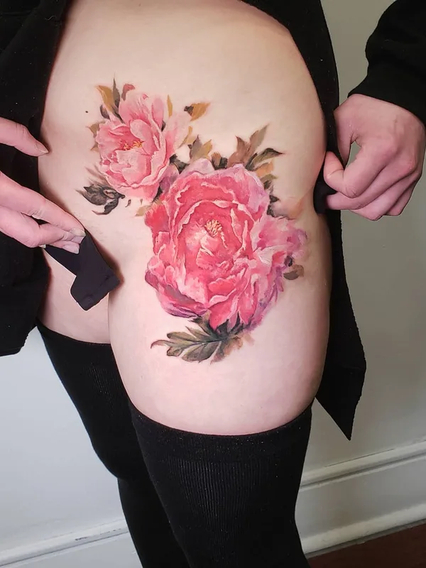 female color watercolor Tatuaggio su thigh #31242 | Tatuatore Pete Zebley
