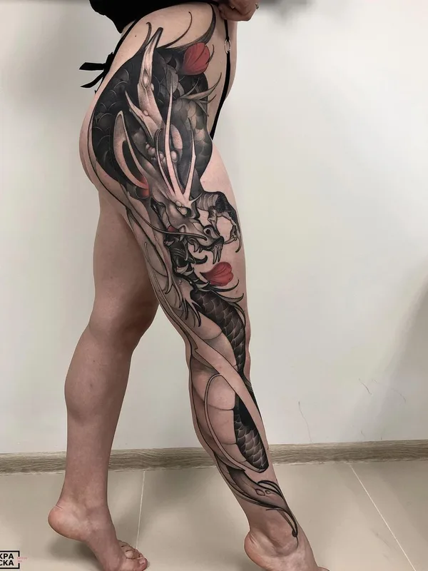 female black and grey japanese 타투 부위 full leg #41414 | 타투이스트 Илья Кузнецов