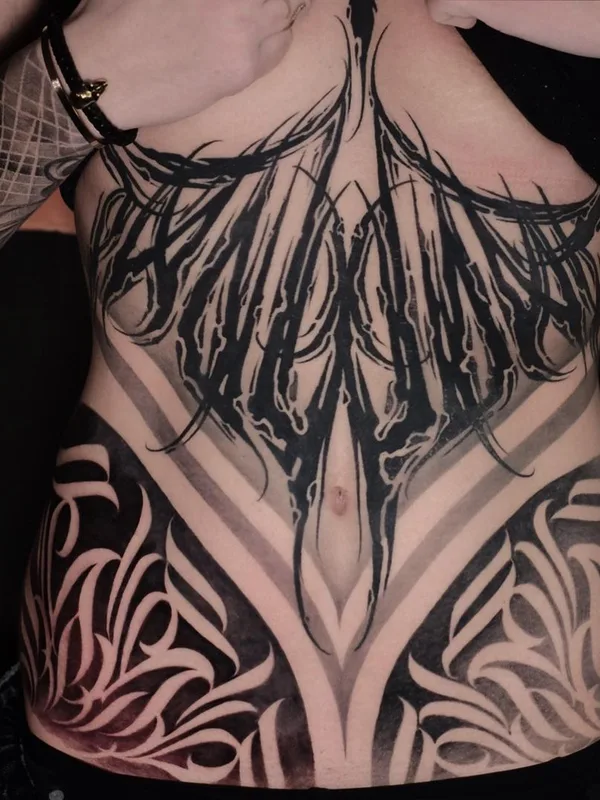 black and grey blackwork Tatuagem em stomach #45613 | Tatuador Евгений Сидоров