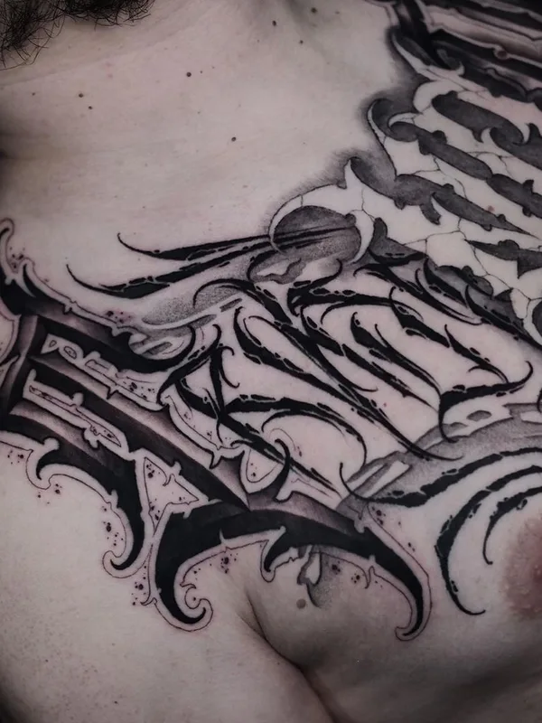 male black and grey blackwork Tatuagem em chest #45605 | Tatuador Евгений Сидоров