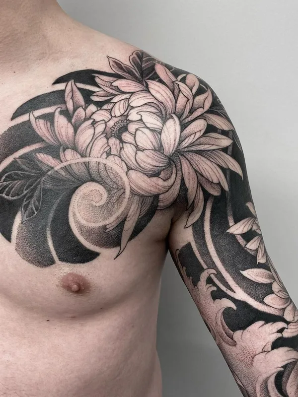 male black and grey blackwork tattoo on full sleeve #45673 | Tattoo Artist Sasha Tabuns