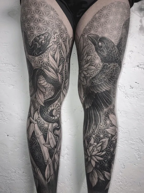 black blackwork tattoo on full leg #45669 | Tattoo Artist Sasha Tabuns