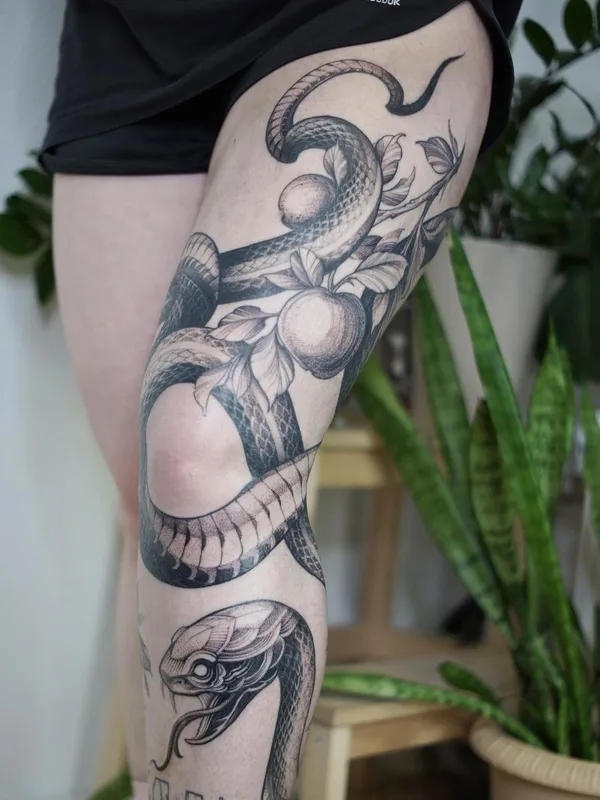 black and grey black and grey tattoo on thigh #45667 | Tattoo Artist Sasha Tabuns