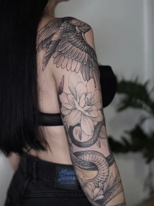 female black and grey black and grey tattoo on full sleeve #45674 | Tattoo Artist Sasha Tabuns