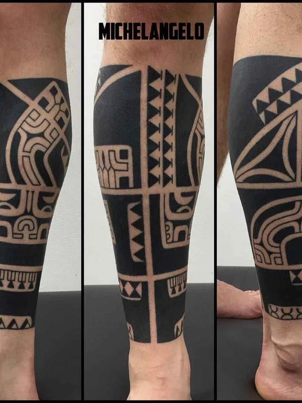 male black blackwork tattoo on calf #14585 | Tattoo Artist Michelangelo