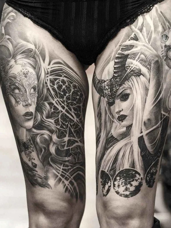 female black and grey black and grey Tatuaggio su thigh #1436 | Tatuatore Дмитрий Трошин