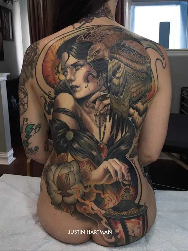 female color illustrative tatuaje en full back #1277 | Tatuador Justin Hartman