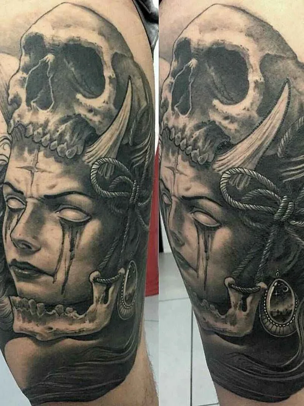 black and grey black and grey татуировка на thigh #1053 | Тату мастер Gabriele Pais