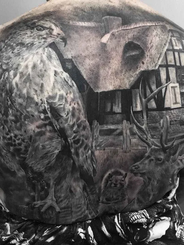 black and grey realism татуировка на full back #15564 | Тату мастер Dan Mihalache