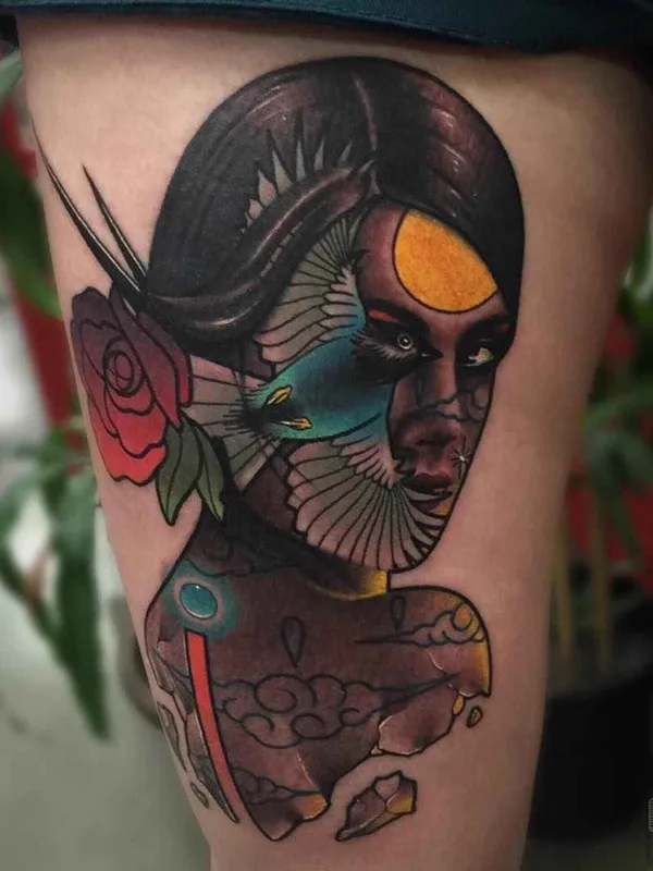female color illustrative Tatuaggio su thigh #1815 | Tatuatore Zack Singer