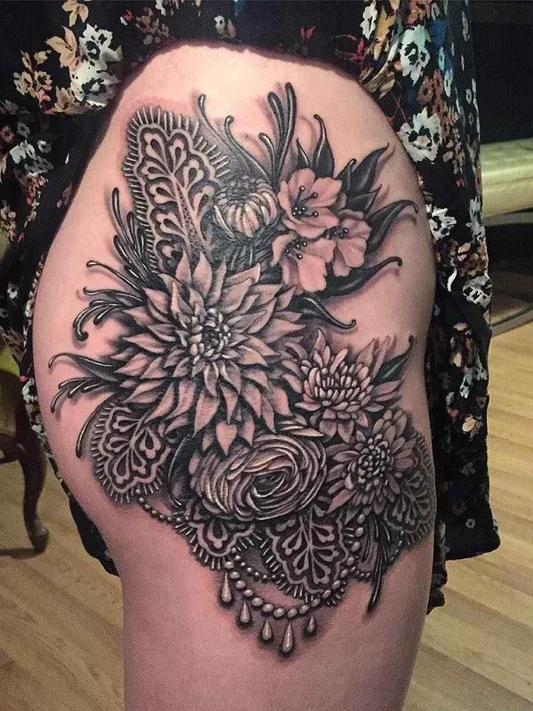 female black and grey black and grey tattoo on thigh #9470 | Tattoo Artist Ryan Ashley Malarkey
