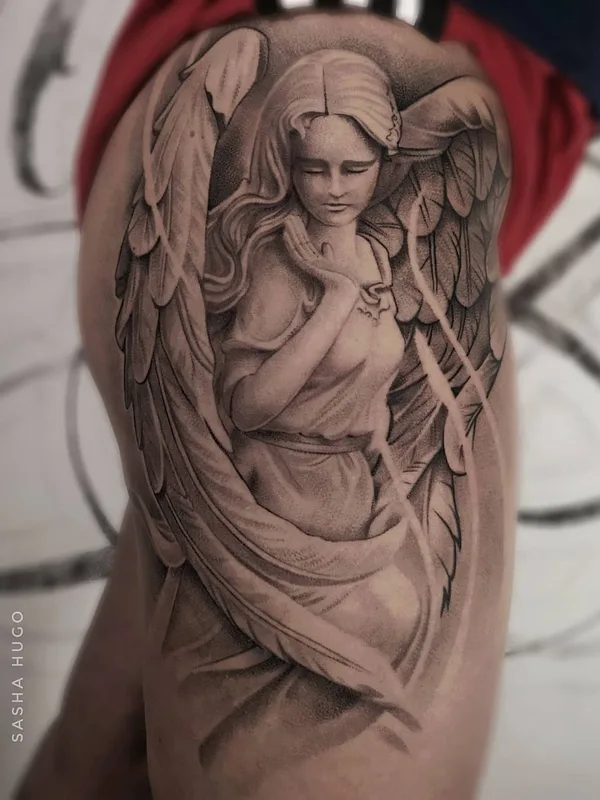 black and grey realism Tatuaggio su thigh #34497 | Tatuatore Sasha hugo