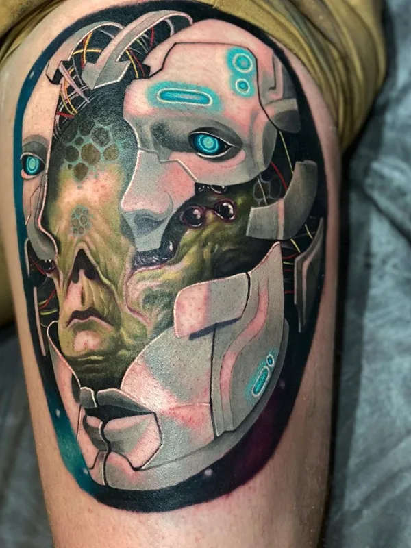 color biomechanical 타투 부위 thigh #46971 | 타투이스트 Josh Payne