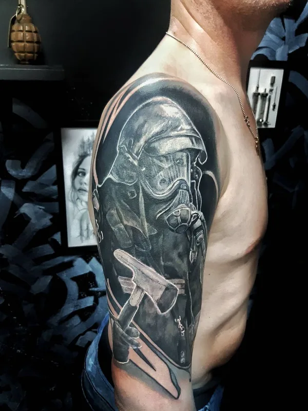 male black and grey realism Tatuagem em full sleeve #51201 | Tatuador Александр Минин