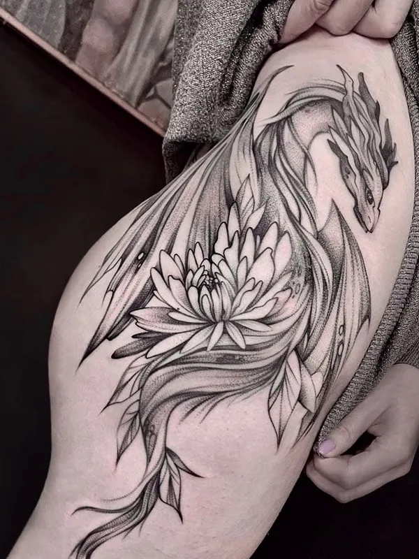 female black and grey black and grey Tatuaggio su thigh #51255 | Tatuatore Екатерина Годунова