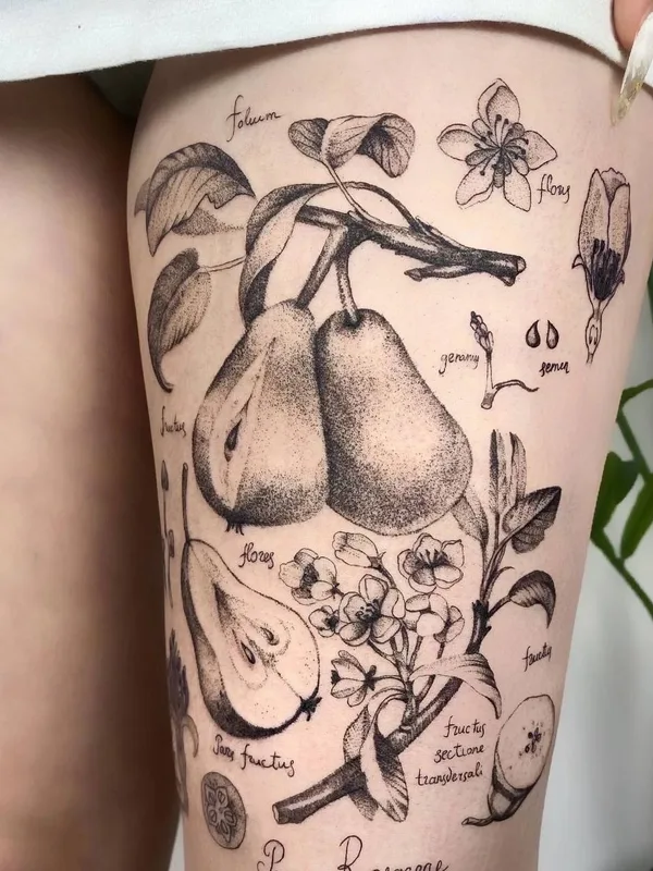 female black and grey botanic татуировка на thigh #64487 | Тату мастер Anna Lazareva