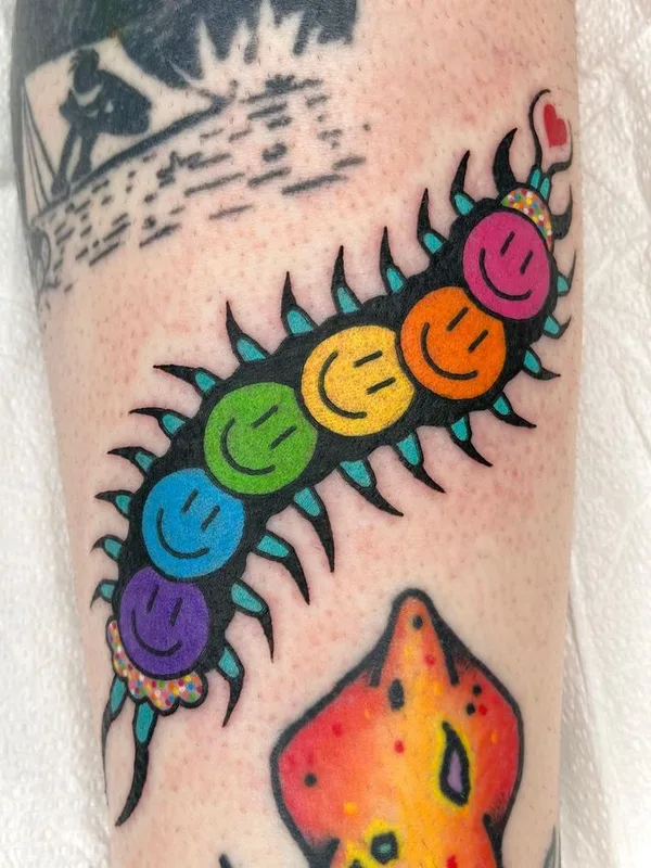 color new school tattoo on calf #64529 | Tattoo Artist Winston The Whale