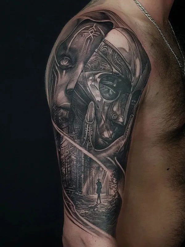 male black and grey realism tattoo auf full sleeve #53060 | Tätowierer Роман Захарченко