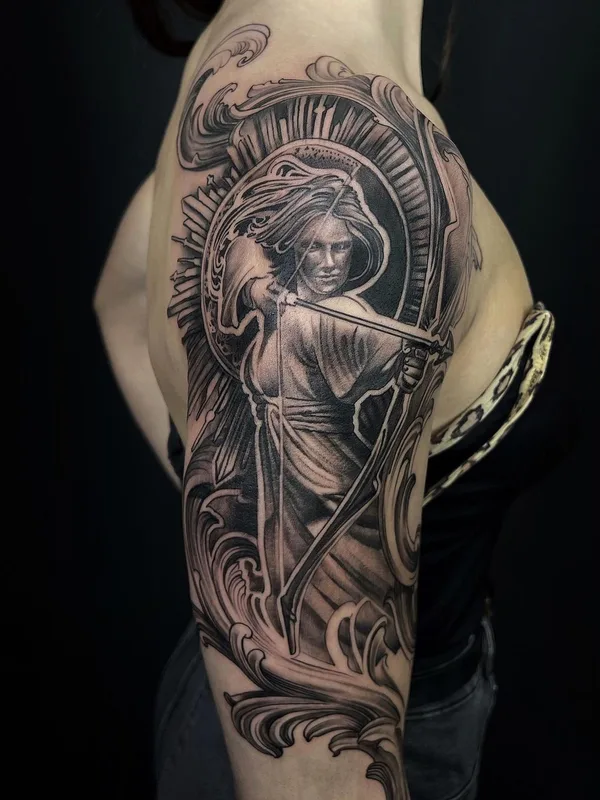 female black and grey realism tattoo auf full sleeve #53058 | Tätowierer Роман Захарченко
