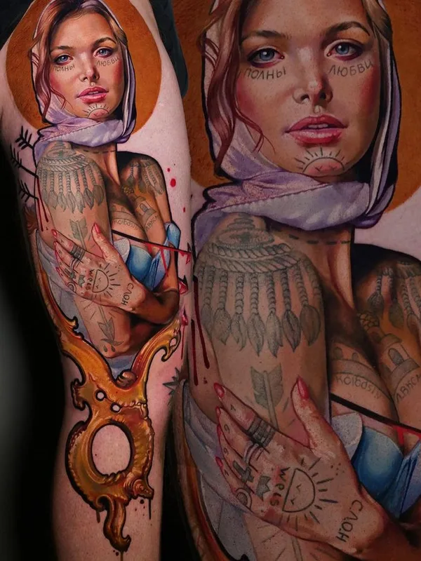 female color realism татуировка на thigh #65180 | Тату мастер Андрей Колбасин
