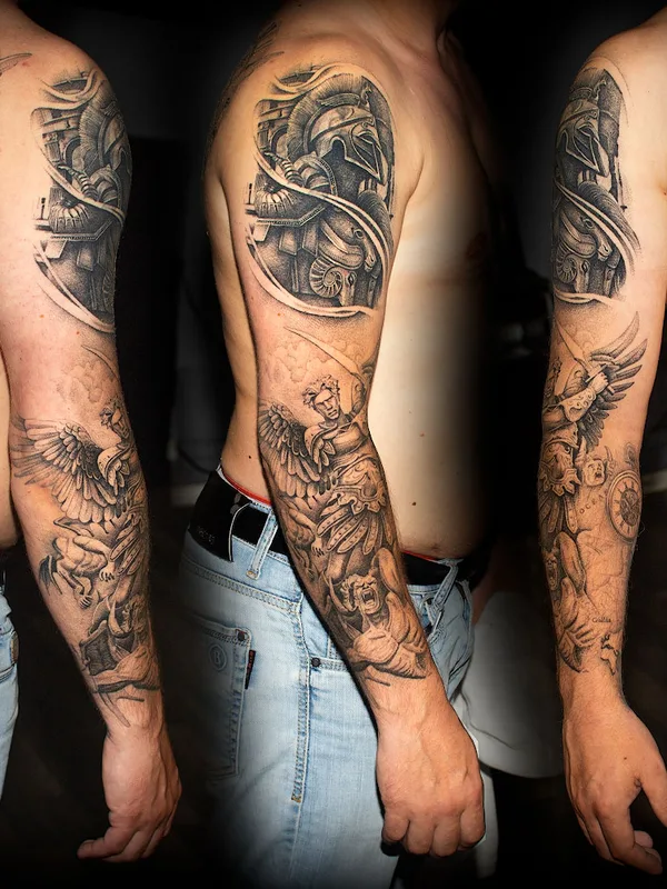 male black and grey black and grey Tatuagem em full sleeve #71188 | Tatuador Константин Овсянников