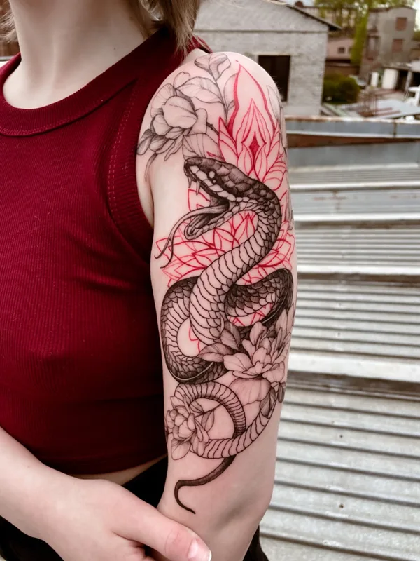 female black and grey illustrative татуировка на full sleeve #71199 | Тату мастер Елизавета Проворова