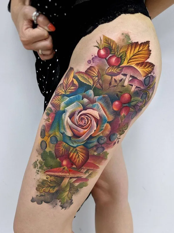 female color watercolor tattoo on thigh #31731 | Tattoo Artist Lianne Moule