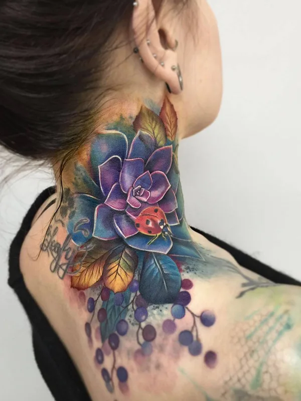 female color watercolor tattoo on back of neck #31723 | Tattoo Artist Lianne Moule