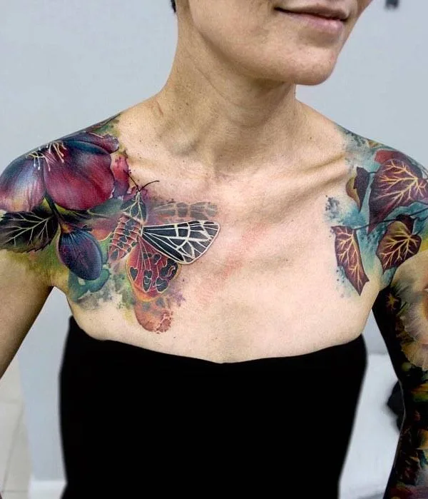 female color botanic tattoo on chest #31729 | Tattoo Artist Lianne Moule