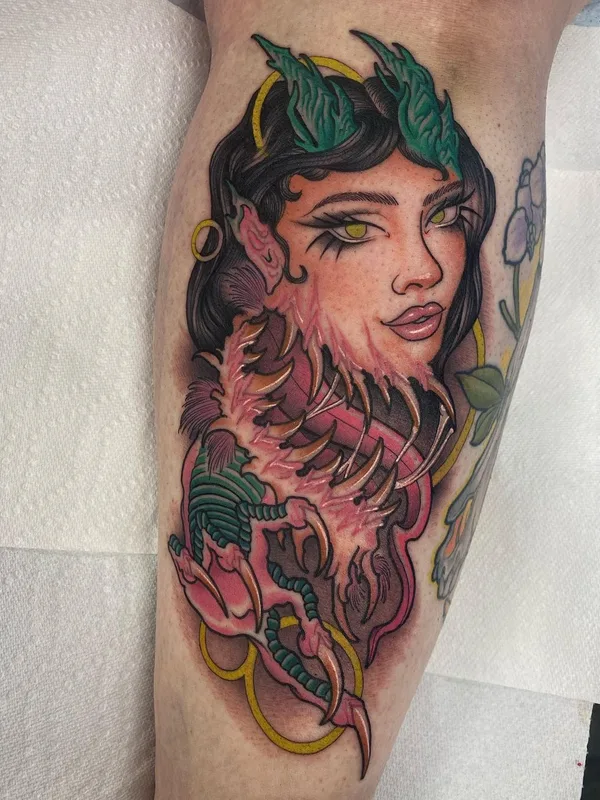female color neo traditional татуировка на calf #56920 | Тату мастер Maia Brouillette