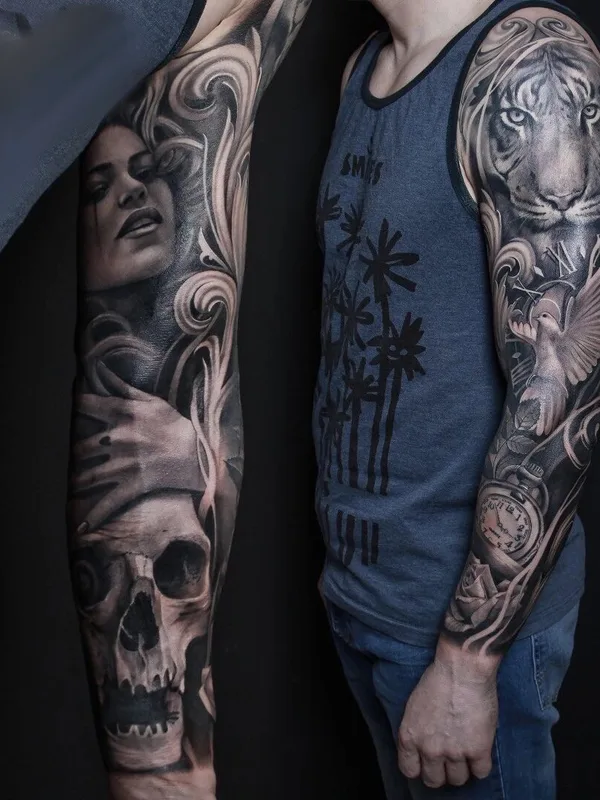 male black and grey realism Tatuaggio su full sleeve #60523 | Tatuatore Красное Микеланджело
