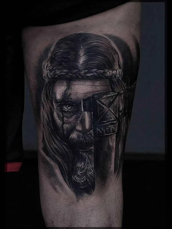 male black and grey realism 纹身 在 thigh #3796 | 纹身师 Павел Roch