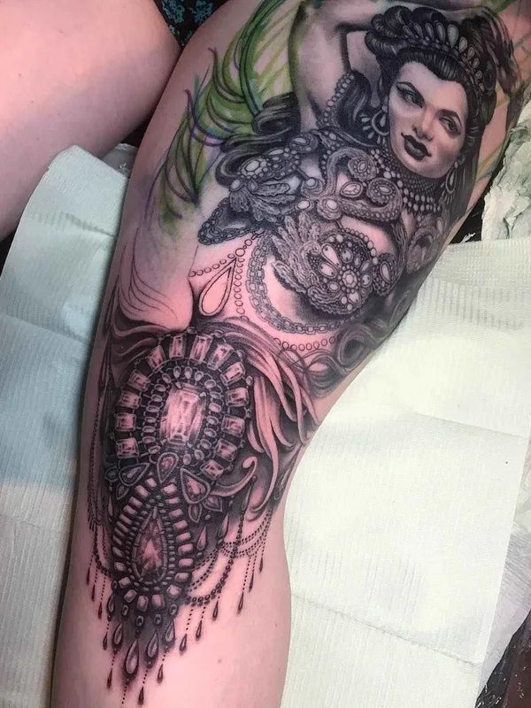 female black and grey black and grey tattoo on thigh #9474 | Tattoo Artist Ryan Ashley Malarkey