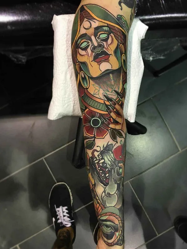 color neo traditional tatuaje en full sleeve #2062 | Tatuador Achilleas Aber